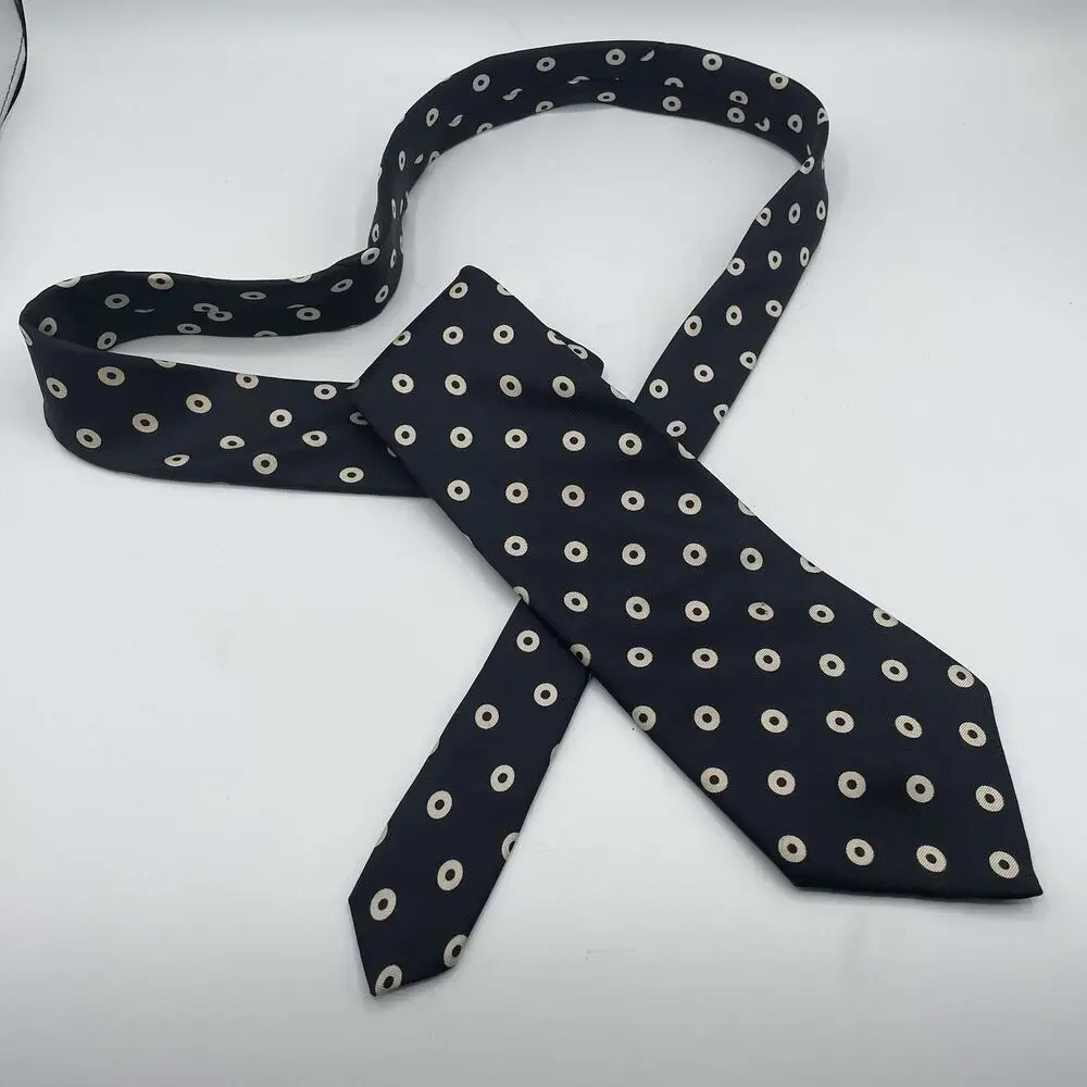 Vintage Christian Dior 100% Silk Necktie 57 Inch Black Bullseye Dots Pattern USA